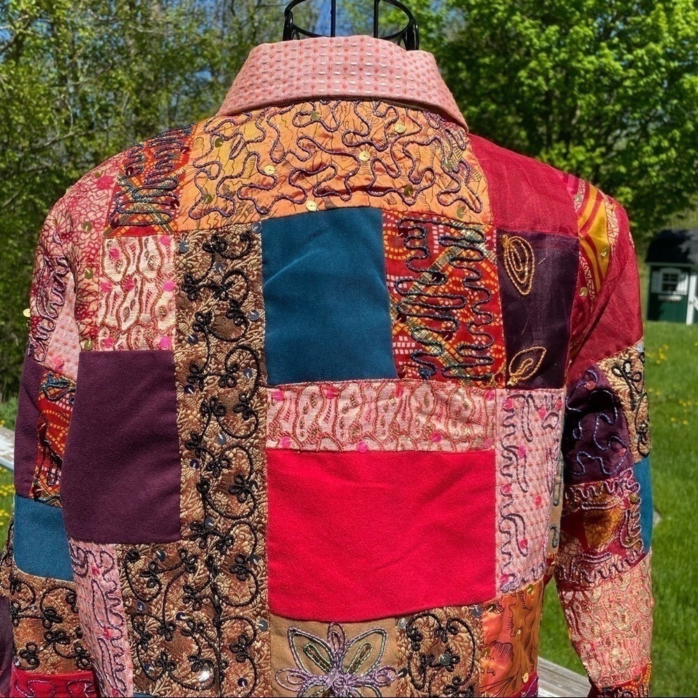 Vintage Alex Kim Wearable Art Patchwork Colorblock Sequined Jacket Petite Large - Picture 10 of 12